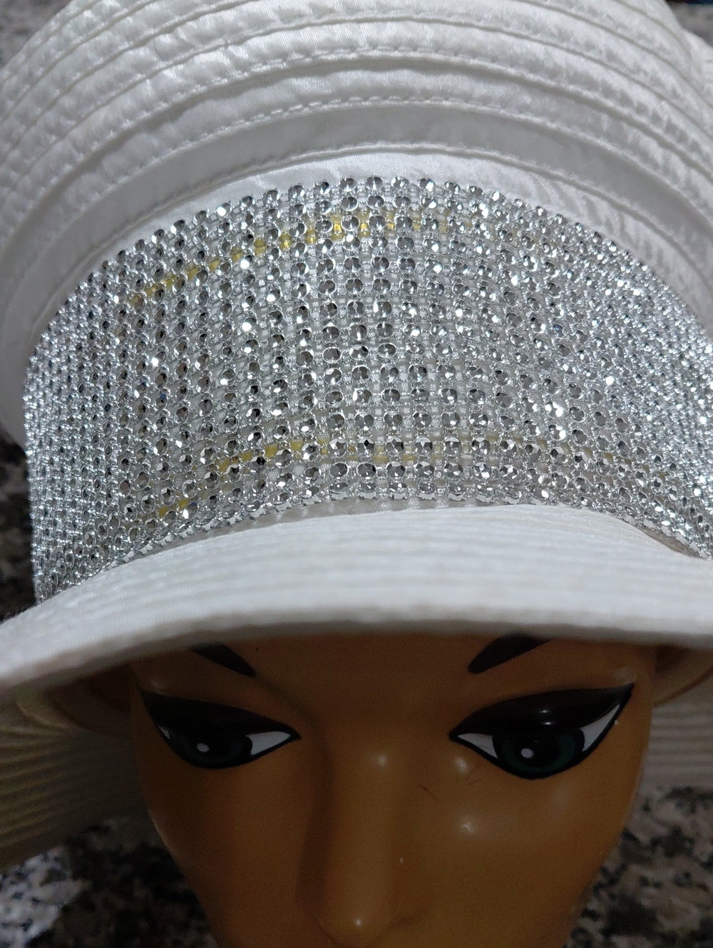 White Women's Wide-Brim Hat with Rhinestone Band